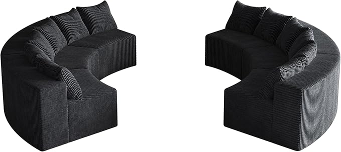 KEIKI Corduroy Curved Sectional Sofa, 6 Seater Symmetrical Modular Semi Circular Couch, Deep Seat Tufted Corner Sofa for Living Room, Lobby, Black