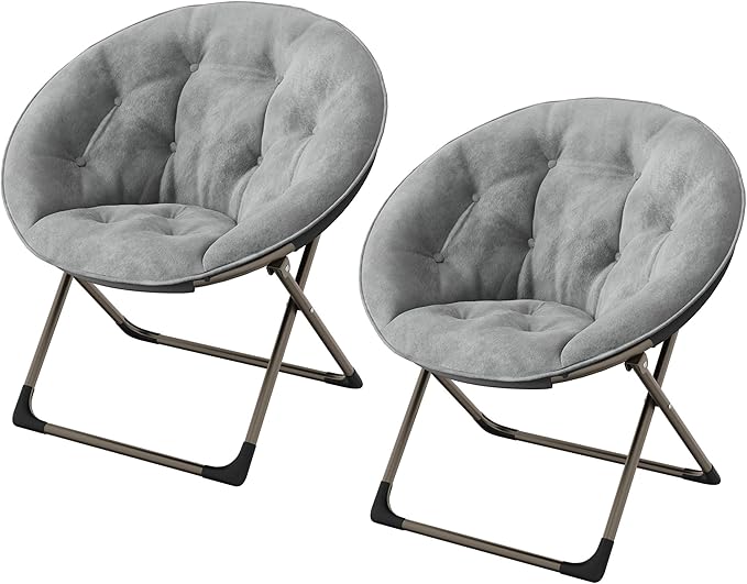 Comfy Saucer Chairs, Gray Folding Reading Lounge Chair, Cozy Faux Fur Living Room Chair with Soft Thick Padded Seat & Metal Frame, Modern Style Bedroom Home for Kids Adults, X-Large, Gold Legs
