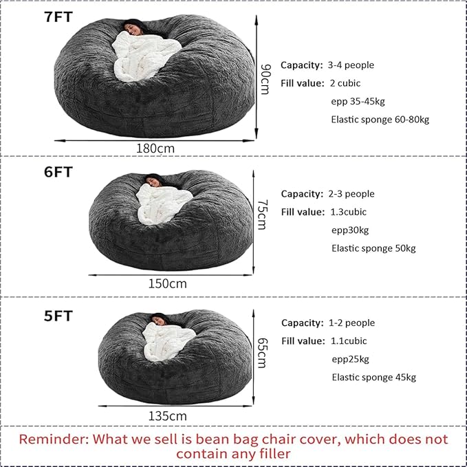 Bean Bag Chair for Adults Kids Without Filling Comfy Oversized Round Lazy Sofa Bean Bag Cover for Stuffed Animal Storage Bedroom Living Room Chairs, 6FT, Light Blue
