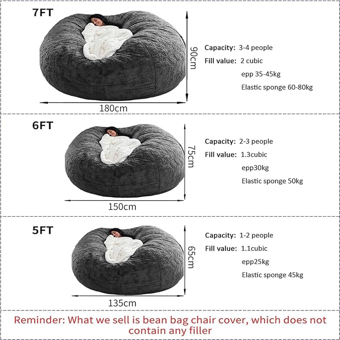 Bean Bag Chairs for Kids Comfy Fluffy Big Joe Bean Bag Chair Cover Without Filler Round Sofa Chairs for Bedroom Living Room Decor, 5FT, Light Pink