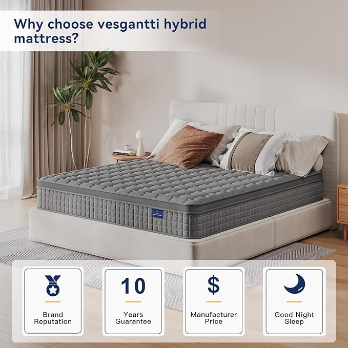 Vesgantti 12 Inch Multilayer Hybrid Twin XL Mattress - Multiple Sizes & Styles Available, Ergonomic Design with Memory Foam and Pocket Spring, Medium Firm Feel, Grey