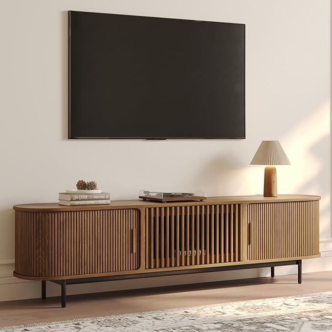 POVISON Fully-Assembled Mid Century Modern TV Stand for 75 inch TV, Sliding Door Entertainment Center with Storage, Wood TV Console, Media Console for Living Room Bedroom(Walnut, 78.74")