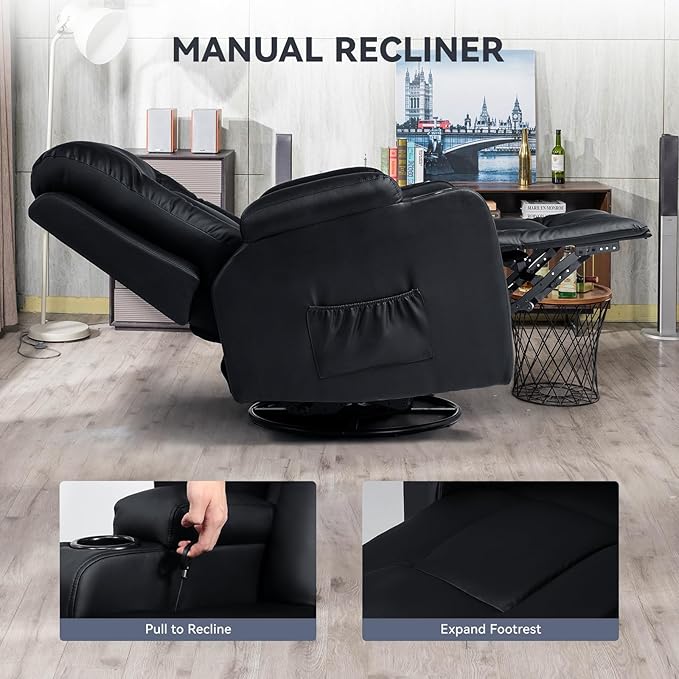 COMHOMA Furniture Bonded Leather Sofa with Massage,Cup Holder,Living Room Set Recliner Chair,3+1+1,Black
