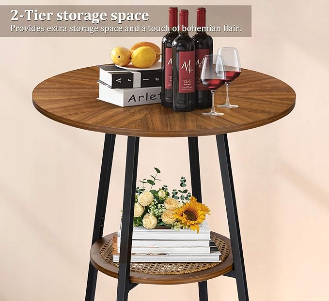 ZYBT Boho Bar Height Table - Rattan Storage Shelf, High Top & Counter Height Dining Table