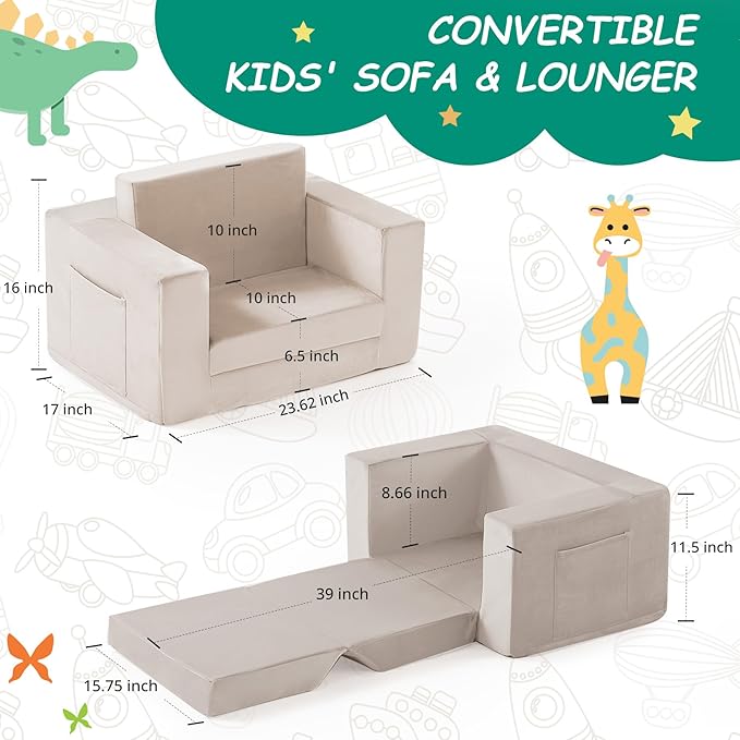 Kids Couch, 2-in-1 Toddler Chair Comfy 1-3 Years, Convertible Kids Chair, Toddler Couch That Fold Out, Kid Lounge Chairs for Boys and Girls, Soft Coral Fleece, Beige