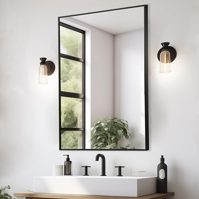 Black Bathroom Mirror, 20"x28" Rectangle Mirror, Matte Black Mirror, Metal Frame Square Corner Vanity Mirror, Wall Mounted Mirror for Modern, Living Room, Bedroom, Horizontal Or Vertical