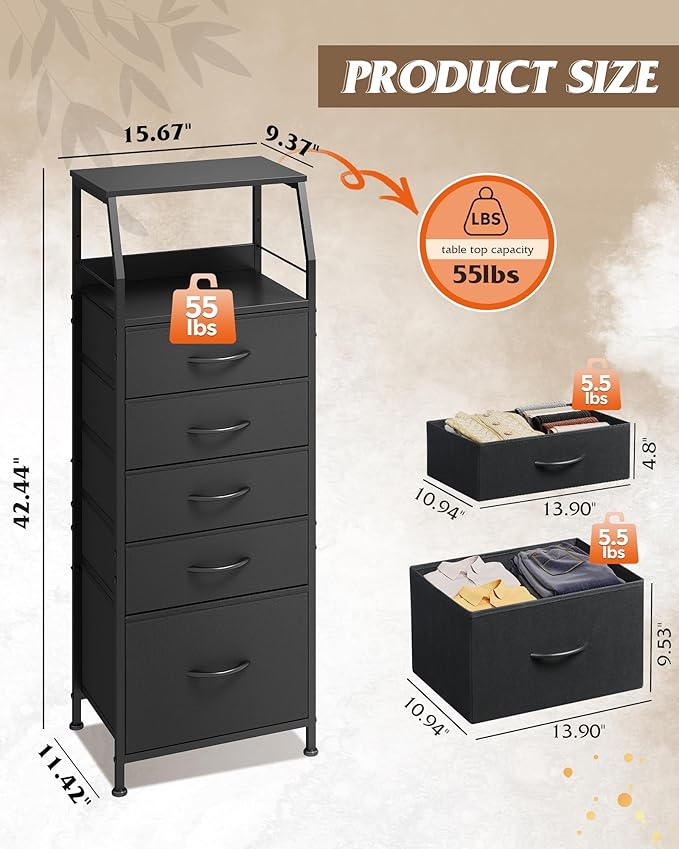 WLIVE Black Fabric Dresser for Bedroom, Tall Nightstand with 5 Drawers & 2 Open Shelves, Modern Night Stand Organizer, Sturdy Steel Frame Bedside Table