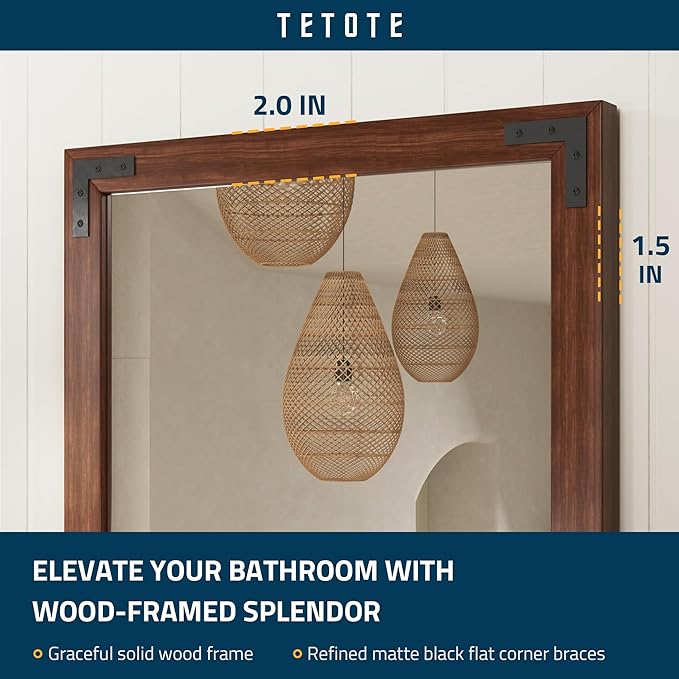 TETOTE 18 x 26 Walnut Wood Mirror for Bathroom Wall/Bedroom/Living Room/Entryway Farmhouse Rustic Bathroom Vanity Mirror for Over Sink Waterproof (Horizontal/Vertical Mounted)
