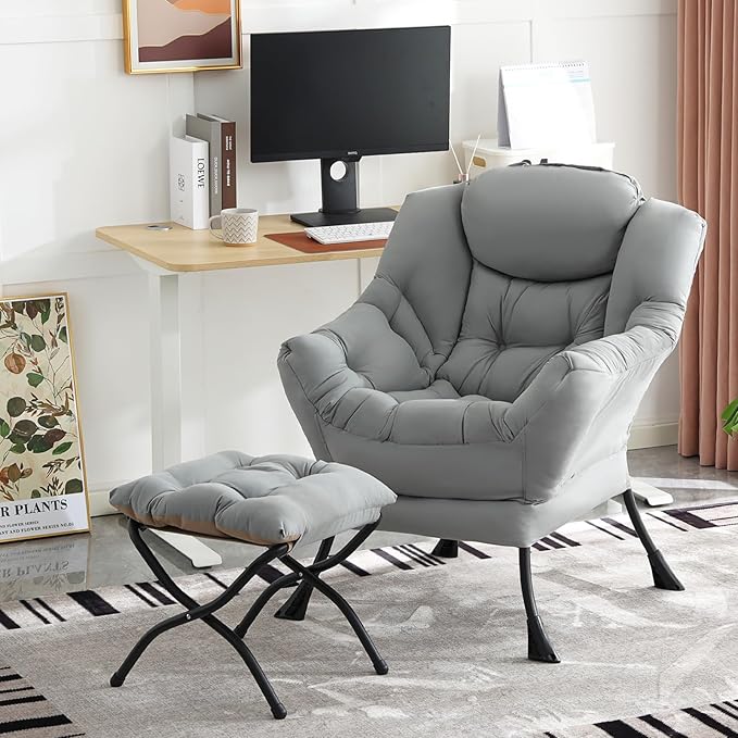 Lazy Chair with Ottoman, Modern Accent Chair Contemporary Lounge Leisure Sofa Chair with Armrests, Reading Chair and Folding Footstool Set for Living Room, Bedroom, Office, White Grey