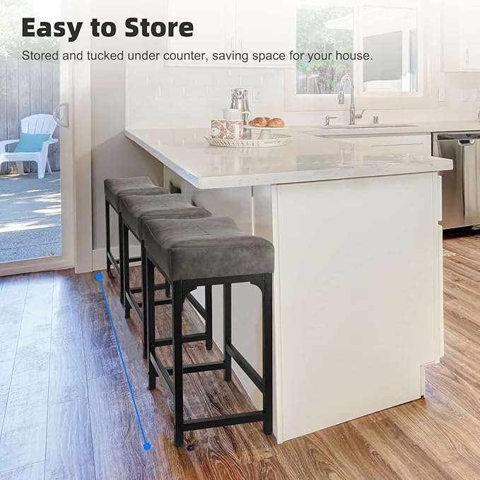 Counter Height Bar Stools Set of 2, 24 Inch Stools for Kitchen Counter with Thick Saddle Seats and Barstools Metal Frame, Modern Backless Counter Height Stool for Kitchen Island Bar Grey
