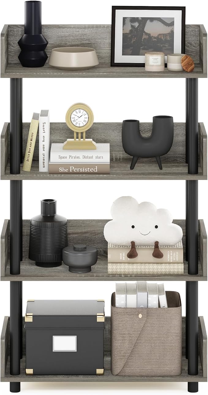 Furinno Turn-N-Tube 4-Tier Multipurposes Display Rack, Open Shelf Rack/Storage with Back & Side Panel, French Oak/Black