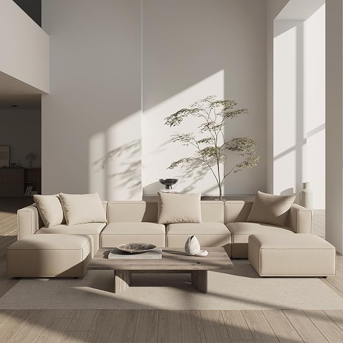 Acanva Luxury Modular Sectional Living Room Sofa Set, Modern Minimalist Style Couch with Ottoman and Chaise, U-Shape, Linen-Like Cream