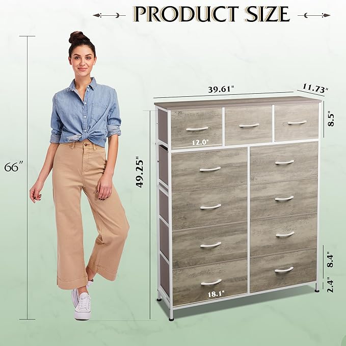 WLIVE Storage Organizer Unit with 11 Fabric Bins, Storage Drawers Organizer with Steel Frame, Tall Storage Tower Organizaton for Living Room, Hallway, Office, Greige