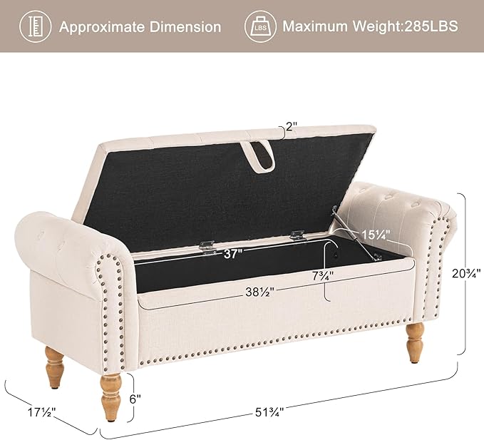 Furniliving 51” Storage Benches, End of Bed Bench with Button-Tufted Large Upholstered Storage Ottoman Linen Window Bench with Storage Shoe Cabinet Bench, for Bedroom, Entryway, Closet, Beige