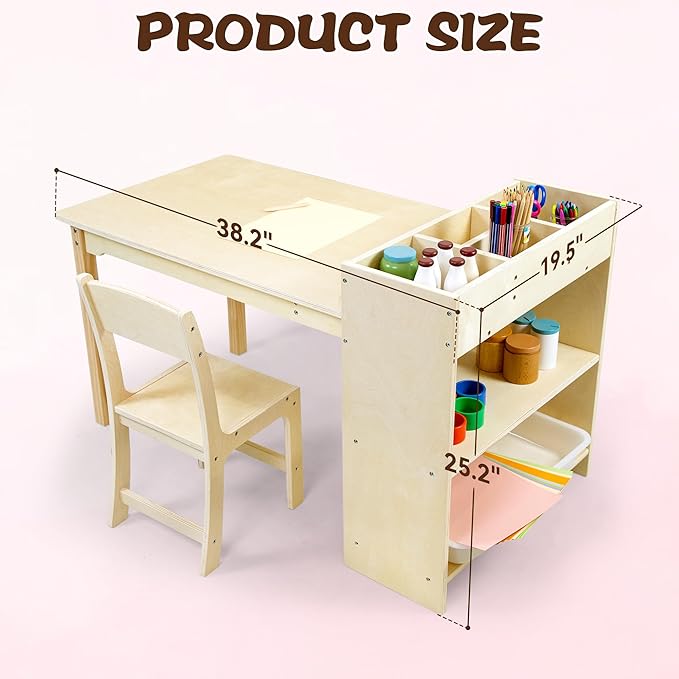 Kids Art Table and Chair Set, Birch Wooden Activity Craft Table, Kids Drawing Table, Toddler Desk with Storage and 1 Chair