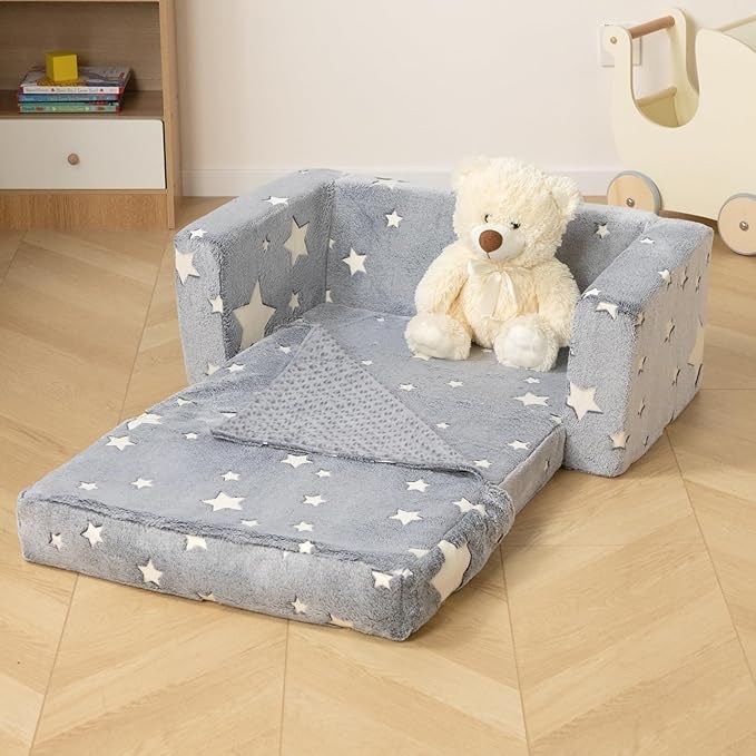 ALIMORDEN Fold Out Toddler Couch, Extra Wide Comfy 2-in-1 Cuddly Sherpa Sofa for Kids, with Removable Baby Friendly Blanket, Convertible Sofa to Bed, Star