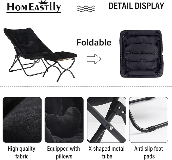 Comfy Saucer Chair with Ottoman, Oversized Folding Faux Fur Chair Soft Furry Lounge Lazy Chair with Metal Frame Moon Chair Accent Chair for Bedroom, Living Room, Dorm Rooms, Black