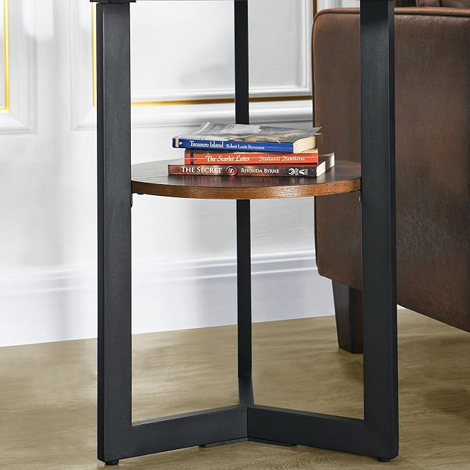 LEEMTORIG Round Side Table, 2-Tier End Table Nightstand with Metal Legs, Modern Bedside Accent Couch Table for Living Room, Bedroom, Office, Rustic Brown/Black, 19.3 x 19.3 x 24 inches BZ-1338-NC