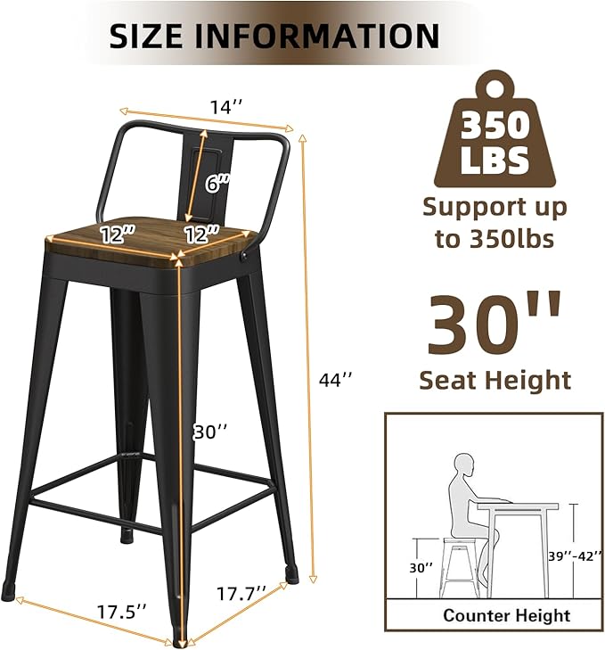 Black Bar Stools Set of 4, Metal Bar Stools with Wooden Seat, Modern 30”Counter Height Barstools with Low Back