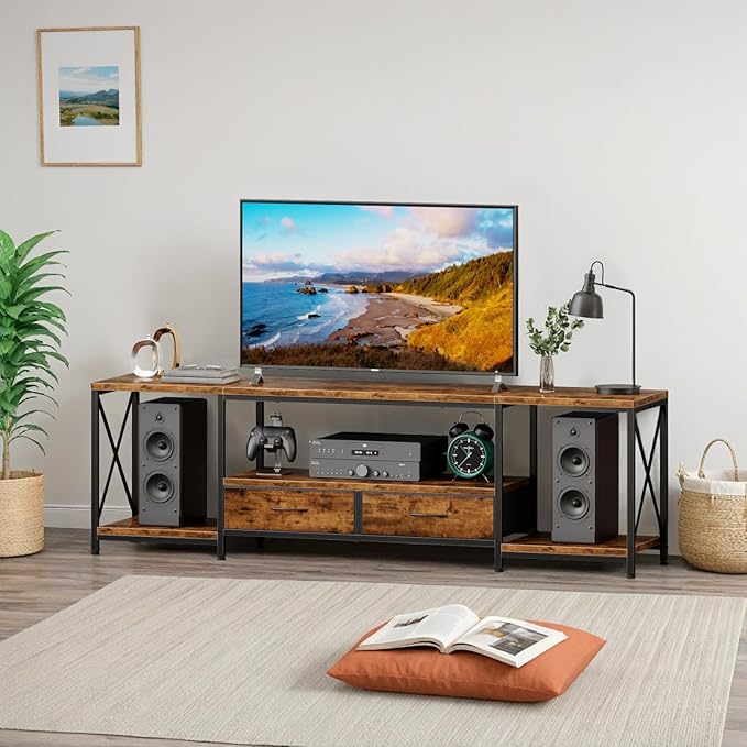 LED TV Stand with 2 Fabric Drawers for 65 60 55 Inch TV, Entertainment Center TV Stands for Living Room, Bedroom, TV Media Console Table with Storage Shelves, 55" Rustic Brown