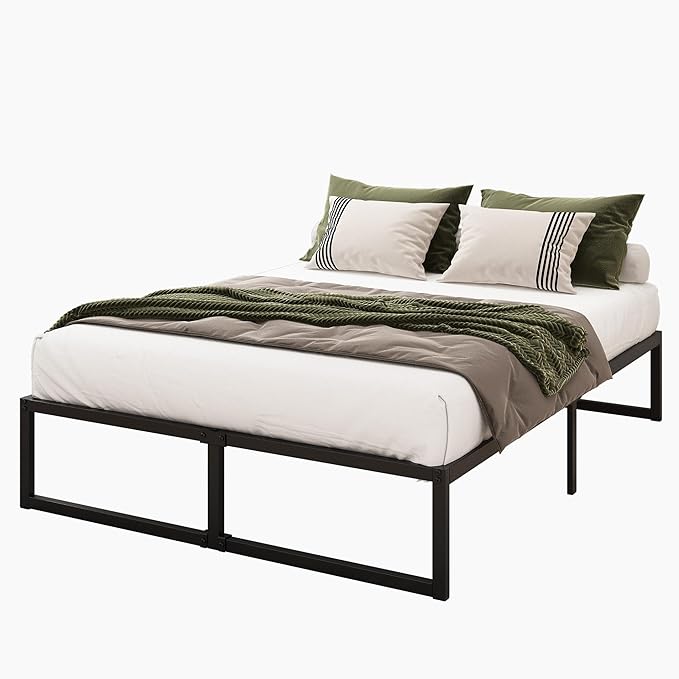 16 Inch Bed Frame Queen Size Heavy Duty Steel Slat Support Metal Platform Queen Bed Frame No Box Spring Needed, Easy Assembly, Black