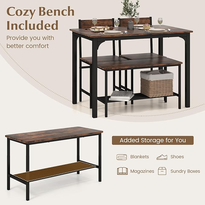 Tangkula Dining Table Set for 4, Kitchen Table and 2 Chairs for 4 with Bench, 4 Piece Dining Table Set for Small Space, Apartment