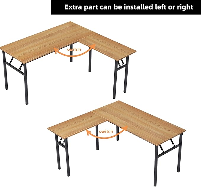 Need L Shaped Folding Desk, Reversible Computer Desk for Home Office, Large Foldable Gaming Desk Table Workstation, Teak and Black