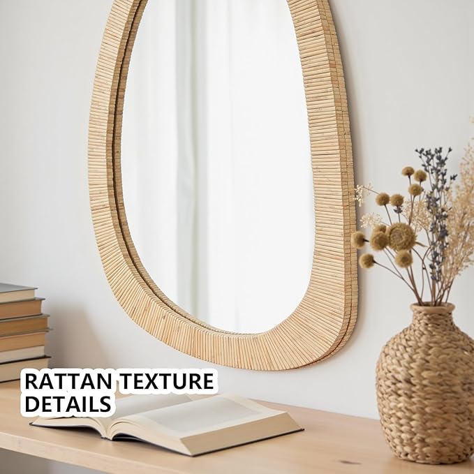 H HOMEWINS Rattan Mirror for Wall,30'' x 20" Wooden Framed Farmhouse Boho Wicker Coastal Irregular Vanity Mirror for Bathroom Living Room Entryway