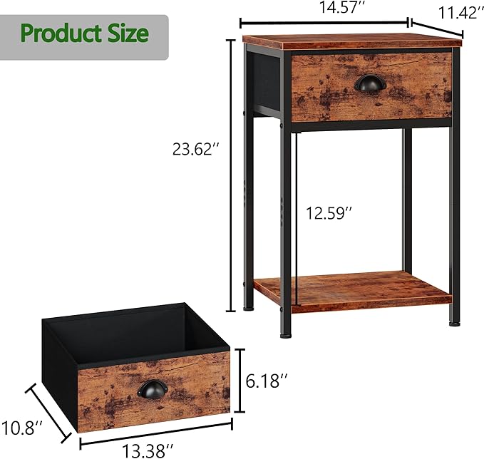 Furologee Nightstands Set of 2, Industrial End Table with Fabric Drawer and Storage Shelf, Retro Bedside Tables Organizer, Side Table for Living Room Bedroom, Rustic Brown