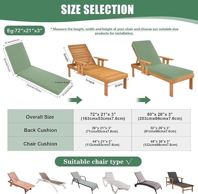 Chaise Lounge Cushions Outdoor Set of 4 - Waterproof and Fade Resistant Sun Lounger Replacement Cushions - Patio Lounger Pads with Removable Cover for Pool, Deck, 80 x 26 x 3 Inch, Sage Green