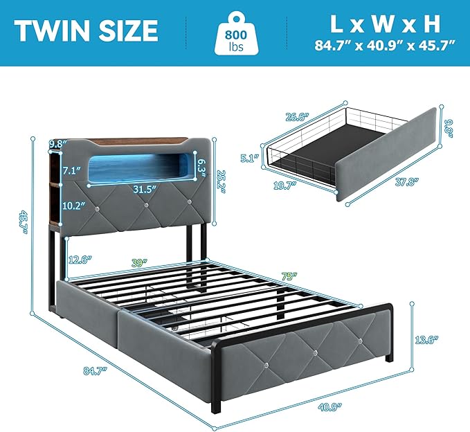 Twin Upholstered LED Bed Frame with 2 Storage Drawers and 2-Tier Storage Bookcase Headboard, Velvet Platform Bed for Kids/Girls/Boys, Corner Bed Frame, Heavy Duty Metal Support, Grey
