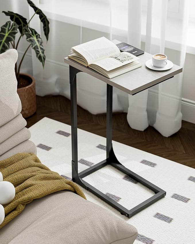 C-Shaped Side Table for Couch - Small Coffee Stand Sofa Tray Desk with Metal Frame and Waterproof Scratch Resistant, Modern End Accent for Living Room, Bedroom, Small Spaces, Greige