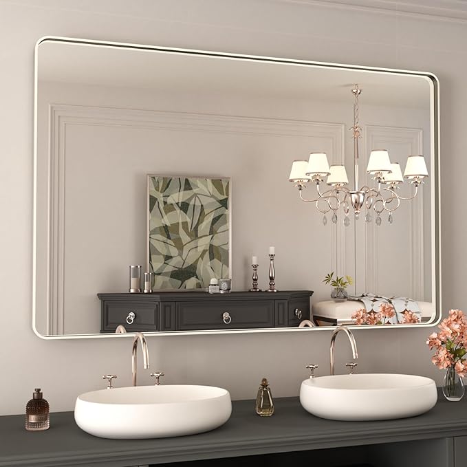 WEER 48X30 Inch Brushed Nickel Bathroom Mirror, Brushed Silver Metal Frame Mirror, Rounded Rectangle Silver Bathroom Vanity Mirror, Tempered Glass, Anti-Rust, Hangs Horizontally or Vertically