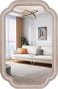 36x24'' Boho Decorative Wall Mirrors with Beaded, Wooden Scalloped Bathroom Mirrors for Over Sink, Farmhouse Style for Bedroom, Living Room, Entryway - Vertical/Horizontal Hanging
