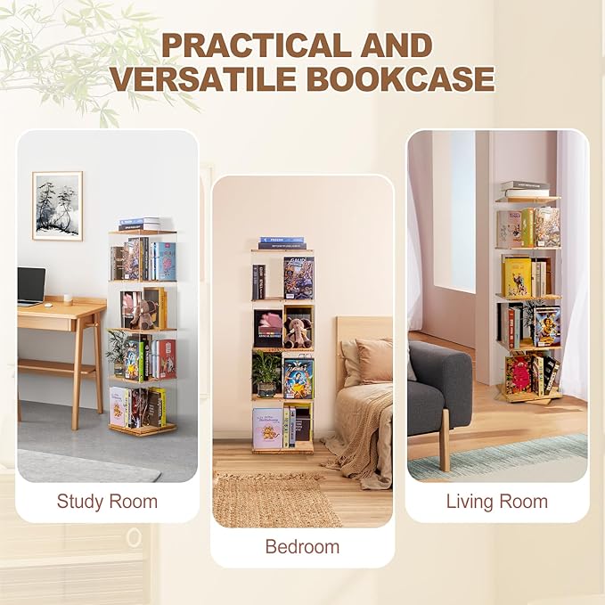 Rotating Bookshelf, 360 Degree Revolving Bookcase, 4-Tier Spinning Bookshelf, Clear Acrylic & Solid Wood Rotating Bookcase for Kid’s Playroom, Bedroom and Living Room, Square
