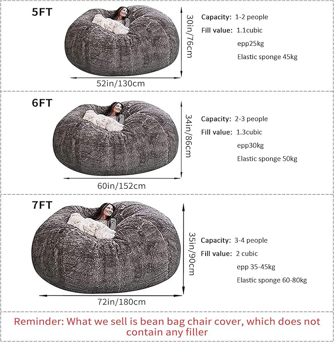 Giant Fur Bean Bag Chair Cover for Kids Adults, (No Filler) Living Room Furniture Big Round Soft Fluffy Faux Fur Beanbag Lazy Sofa Bed Cover (Red, 5FT)