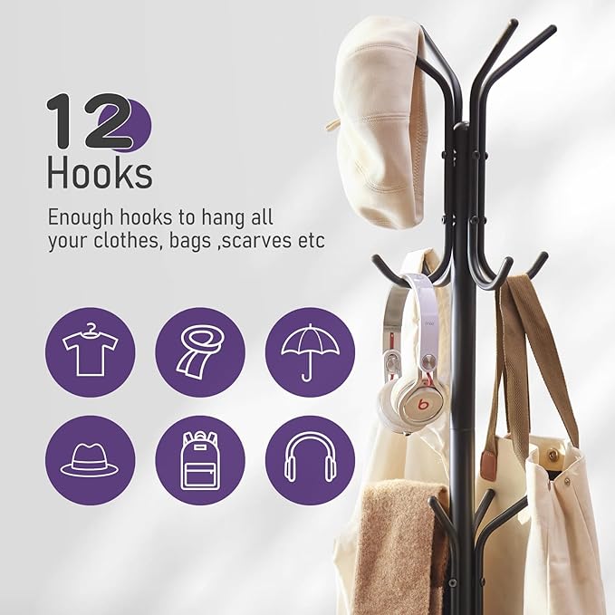 Coat Rack Freestanding,Entryway Hanger Stand,Umbrella Holder,Hall Tree With 12 Hooks, Floor Standing Metal Tree Stand,Black