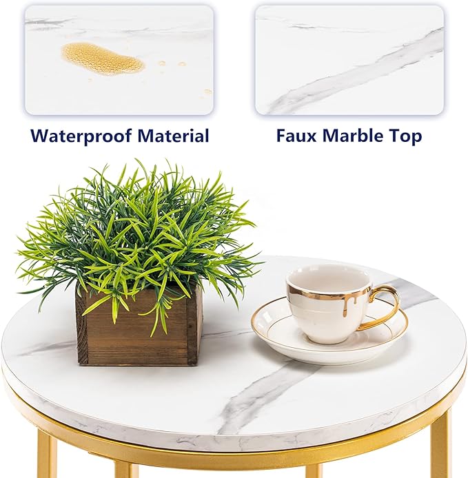 TECHMILLY Round End Table, Faux Marble Sofa Table, Accent Side Table with Metal Frame, Modern Gold Nightstand, Tall Coffee Table for Living Room, Bedroom-2 Packs