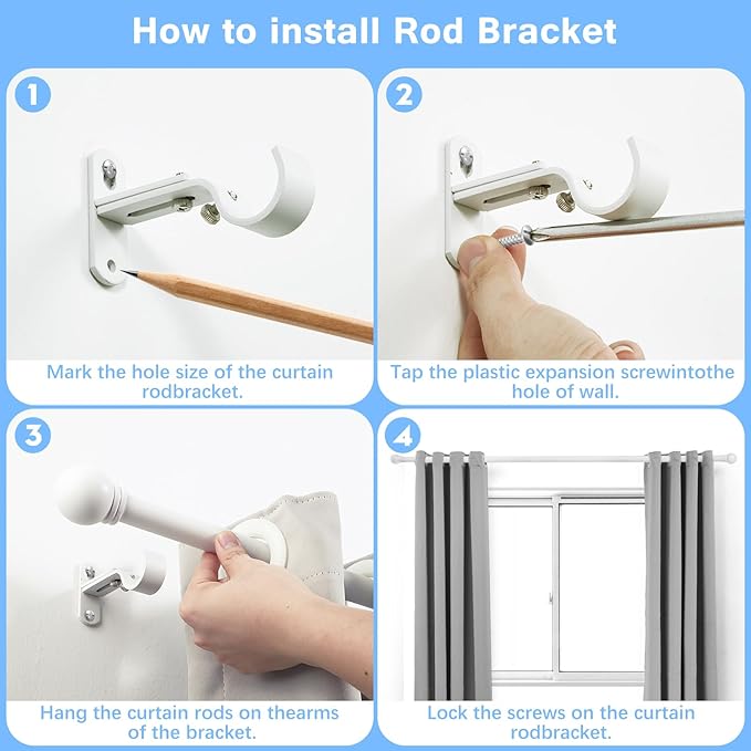 Curtain Rods for Windows 16 to 120 Inches, Curtain Rod Max Adjustable Length of 132 IN, 1" Diameter Drapery Rods Round Finials, White, Pack of 1