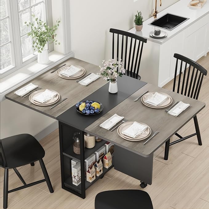 GarveeHome Folding Dining Table, Space Saving Farmhouse Dining Table for 4 Storage Shelf, 6 Wheels Multipose Expandable Kitchen Drop Leaf Table for Small Space (Carlo Grey, 50.1"D x 31.4"W x 29.5"H)