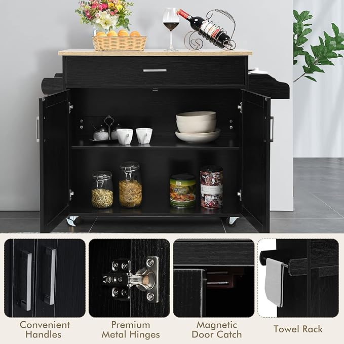 COSTWAY Kitchen Island On Wheels, Rolling Storage Trolley Cart with Large Cabinet, Drawer, Spice Rack and Towel Rack, Kitchen Serving Utility, 3-Position Adjustable Shelf (Black)