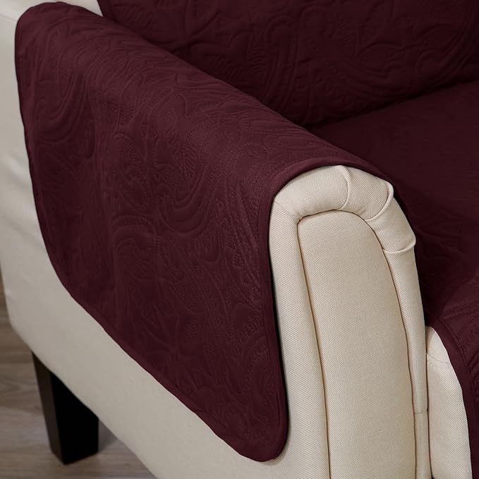Medallion Stitched Solid Furniture Protector Stain Resistant Durable Furniture Protector Elenor Collection (Chair, Wine/Light Grey)