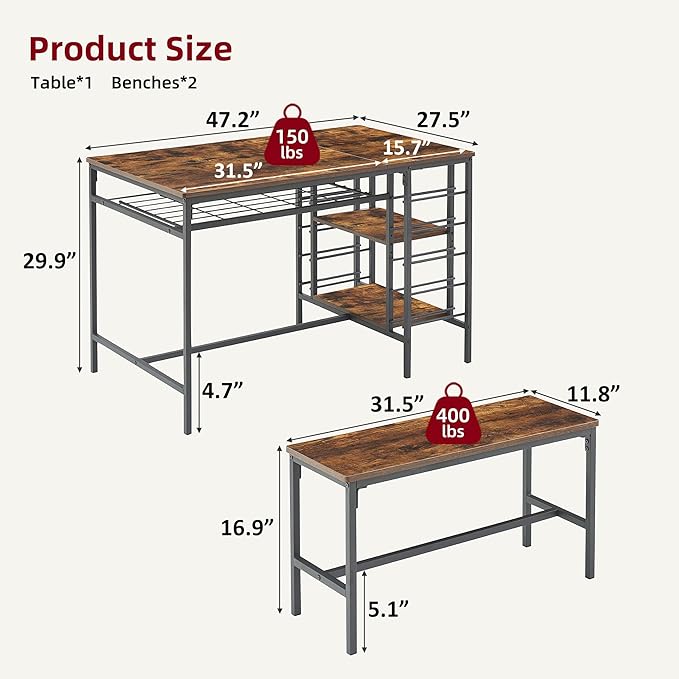 IDEALHOUSE Dining Table Set for 4, Kitchen Table Set for 4 with 2 Benches, Rectangular Dining Room Table Set with Wine Rack, 3 Piece Dining Table Set for Small Space Apartment, Rustic Brown