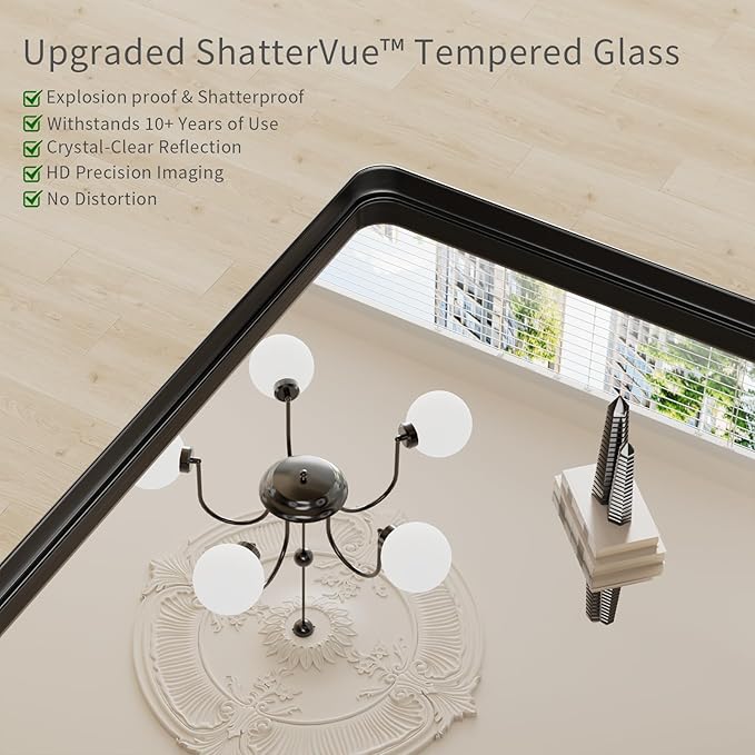 Koonmi Black Bathroom Mirror for Wall, 36x48 Inch Matte Metal Deep Framed Rounded Corner Wall Mirror, Shatterproof Tempered Glass for Farmhouse Bedroom Entryway, Vertically or Horizontally