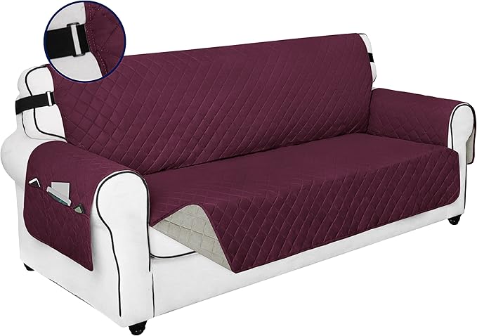 PureFit Reversible Sofa Couch Cover Water Resistant Couch Covers for 3 Cushion, Washable Furniture Cover with Non-Slip Foam and Adjustable Strap for Dogs, Pets (Oversized Sofa, Wine/Beige)