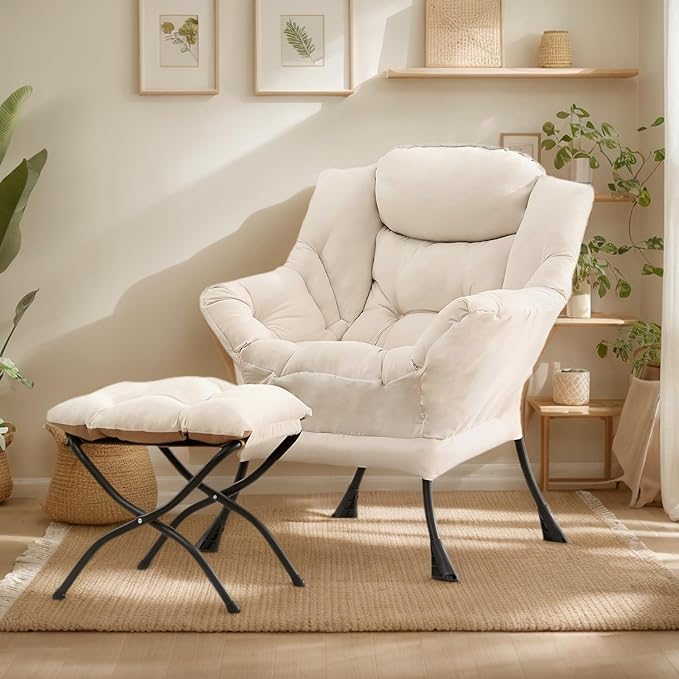 Lazy Chair with Ottoman, Large Modern Lounge Accent Chair with Armrests and Footrest, Reading Armchair with Ottoman, Leisure Sofa Chair for Living Room, Bedroom, Dorm Room, Office（Beige）