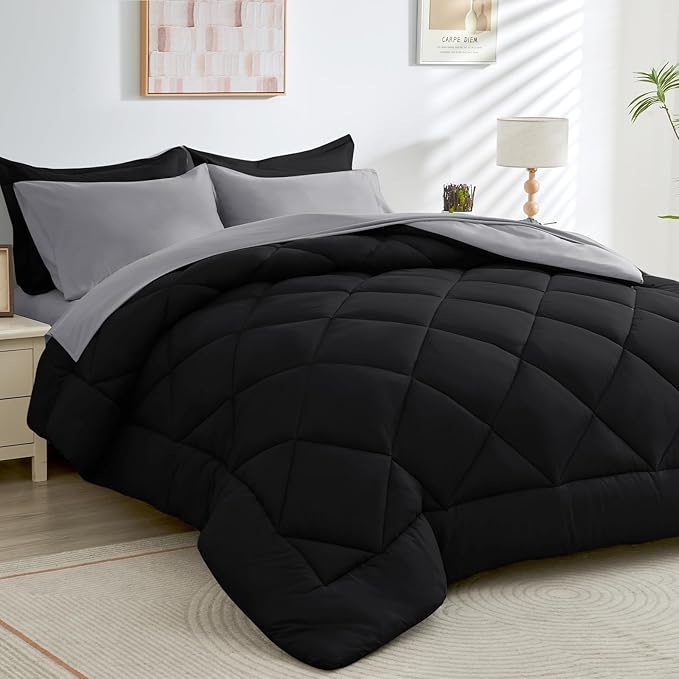 HEVUMYI Queen Comforter Set - 7-Piece All Season Bed in a Bag Queen, Ultra Soft Bedding Set with Comforter, Flat Sheet, Fitted Sheet, Pillowcases, Pillow Shams, Black & Light Grey