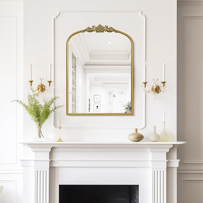 WallBeyond Gold Vintage Mirror - 22x30 Inch, Arched Antique Mirror with Ornate Frame for Bathroom, Living Room, Fireplace, Entryway