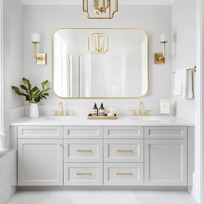 MZON 22x30 Inch Brushed Gold Vanity Mirror, Rectangle Bathroom Mirrors for Over Sink, Anti-Rust Frame & Tempered Glass, Hangs Horizontally/Vertically - Perfect for Farmhouse, Bedroom or Entryway Decor