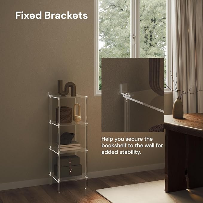 4 Tier Square Acrylic Bookshelf, Small Bookcase with Acrylic Fittings for Fixing to Wall, Corner Display Shelf for Living Room, Bedroom, Bathroom, Small Spaces, Clear, 11.6'' W x 34'' H